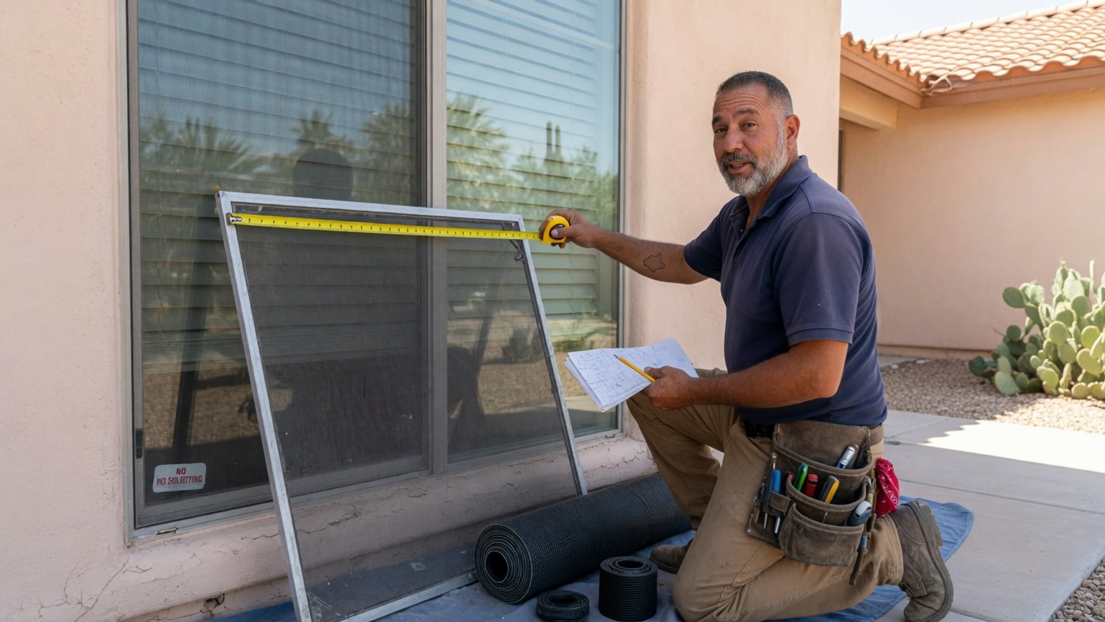 Screen technician with tape measure beside a Phoenix home window