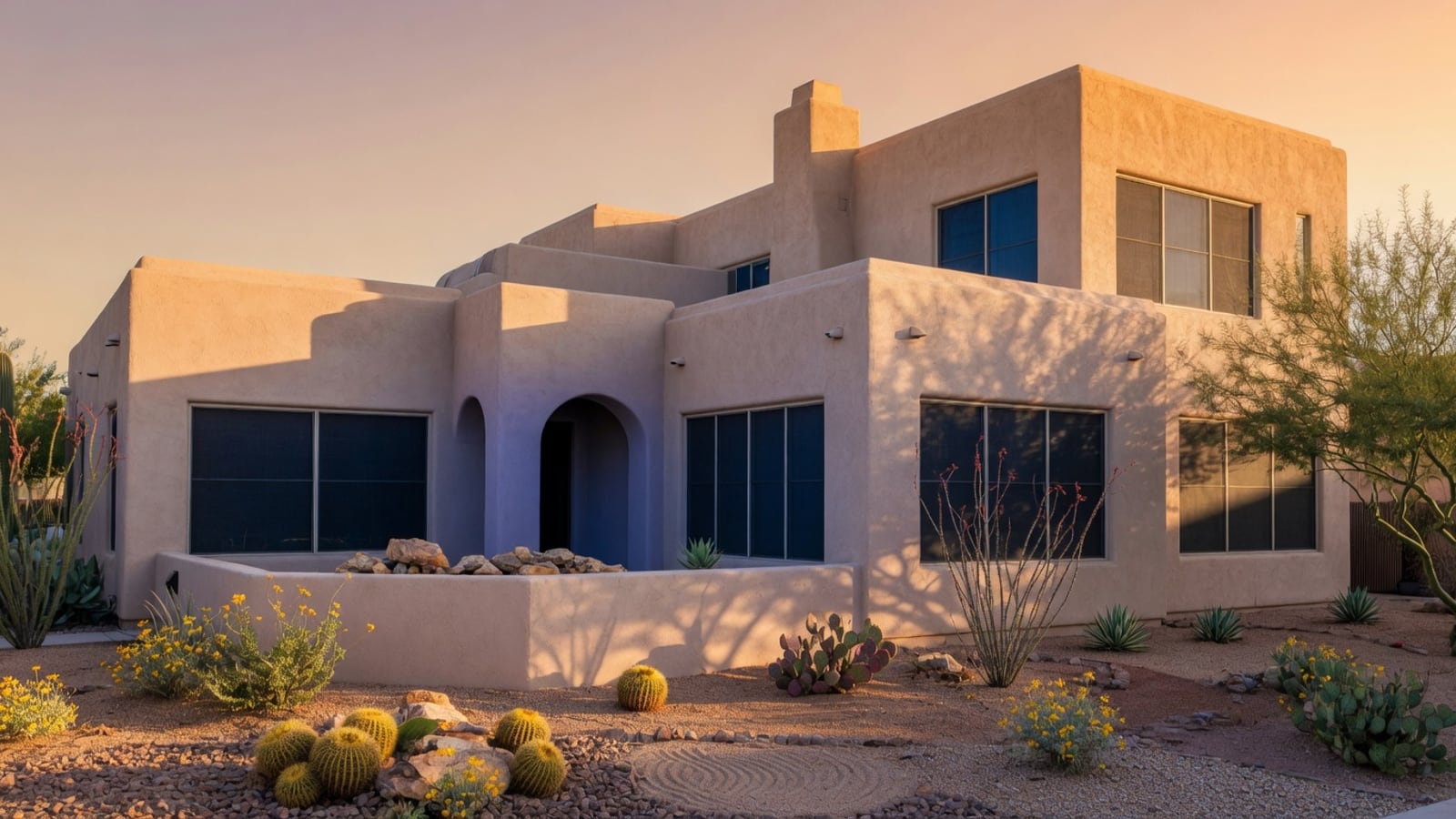 Phoenix stucco home with dark exterior solar screens shading windows in desert sun