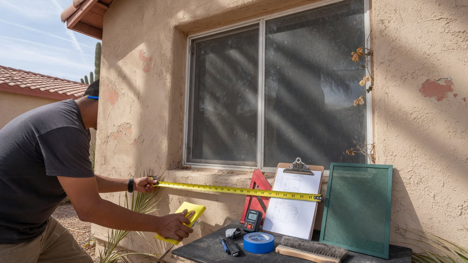 Technician measuring a residential window frame for a custom screen