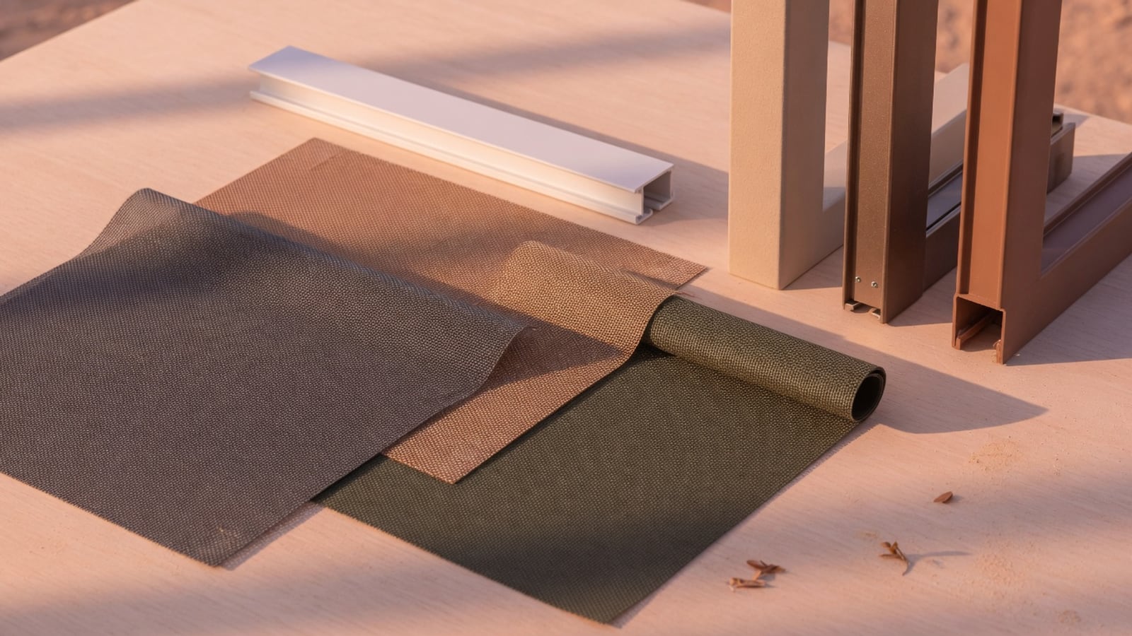 Solar screen mesh and frame color samples on a workbench