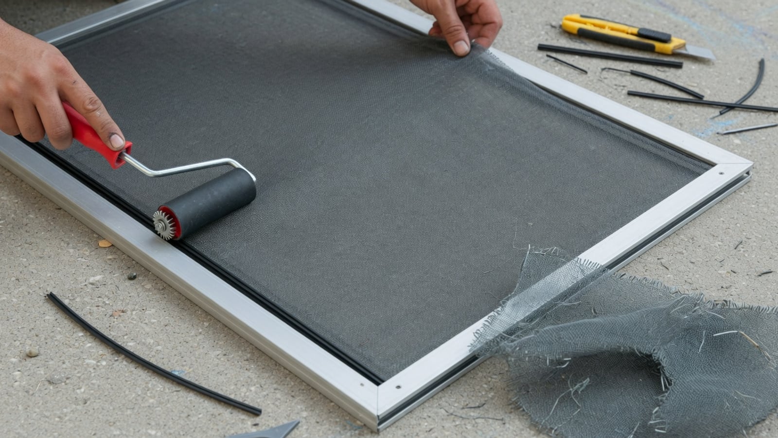 Window screen mesh being replaced in an aluminum frame