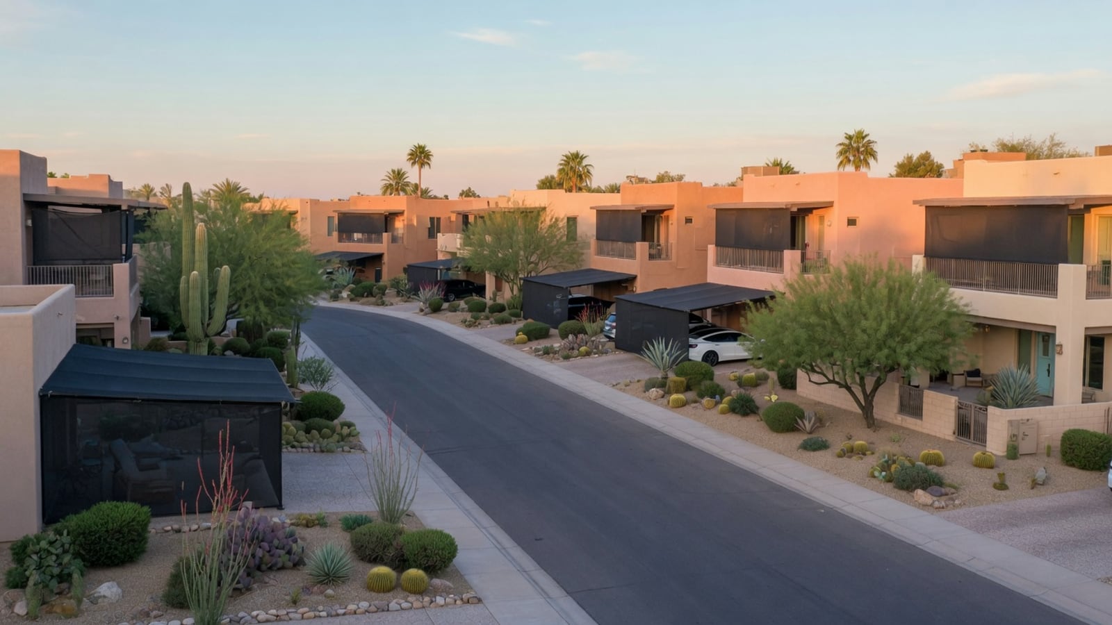 Phoenix neighborhood homes with desert landscaping and shaded windows