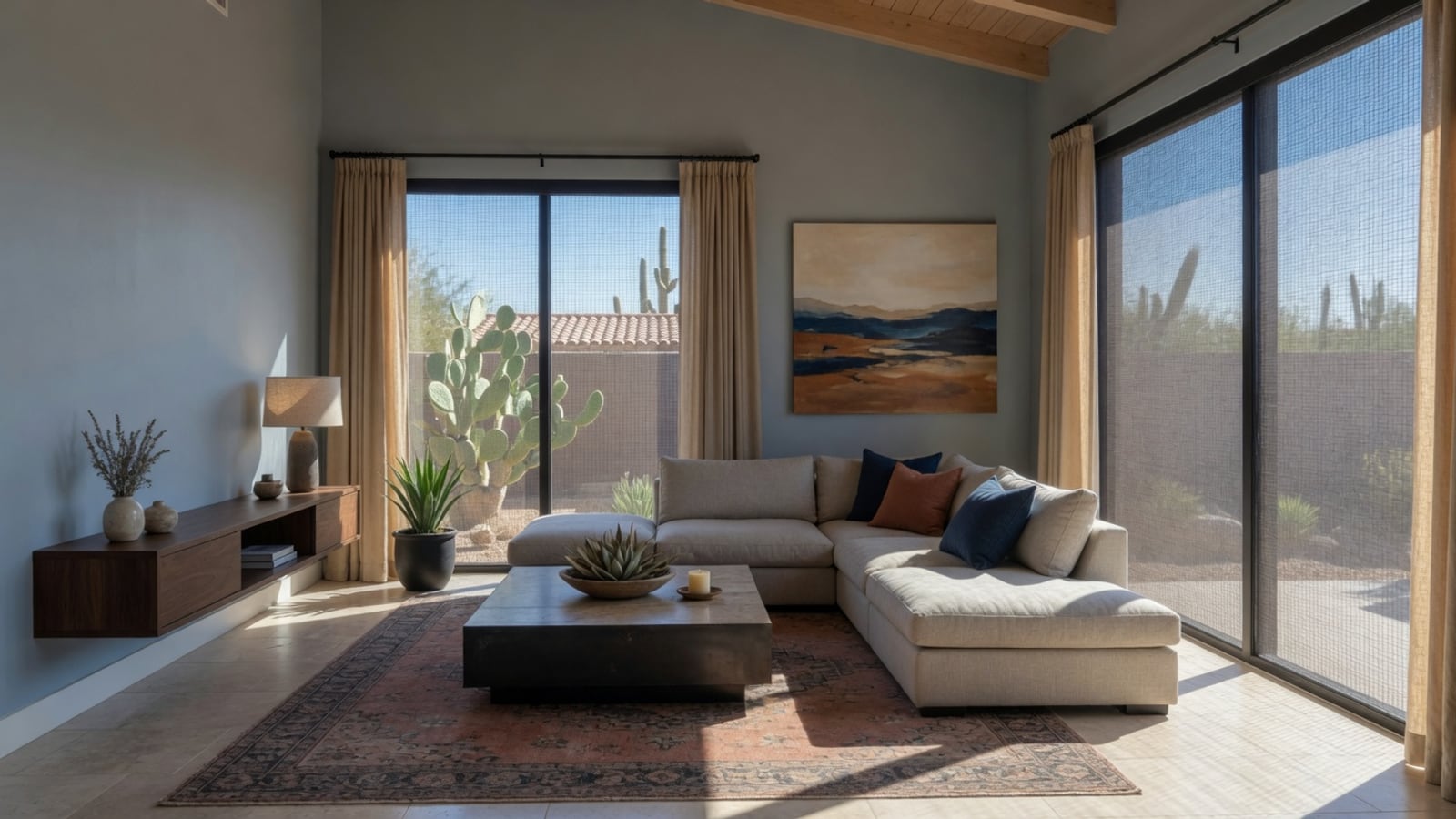 Cool Phoenix living room with solar screens reducing glare through bright windows
