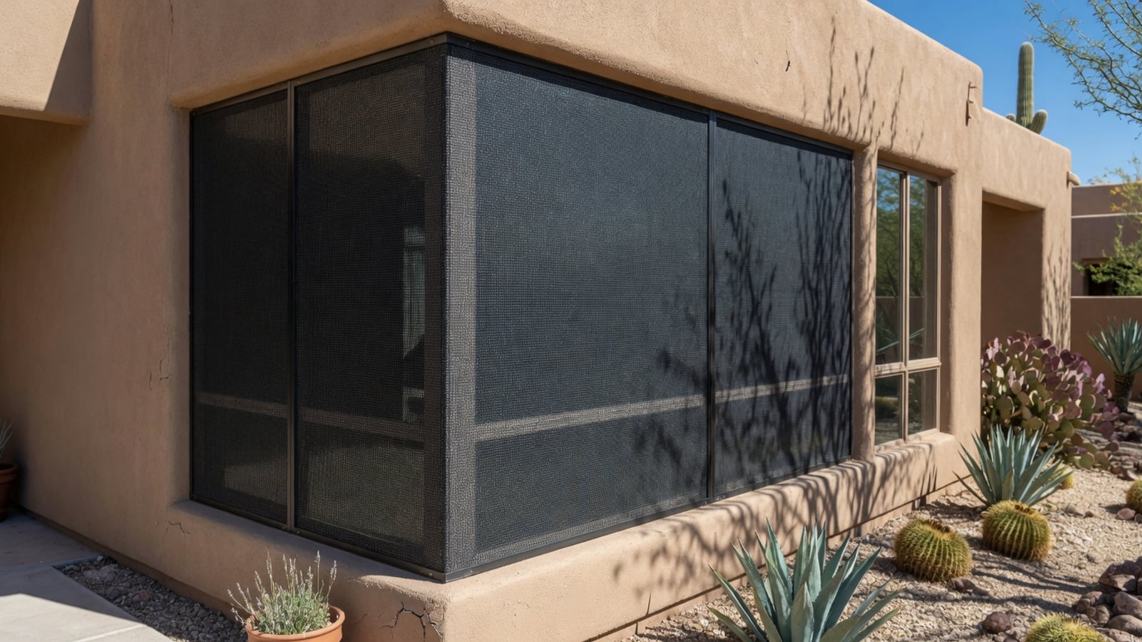 Custom solar screens installed on tan stucco Phoenix home windows